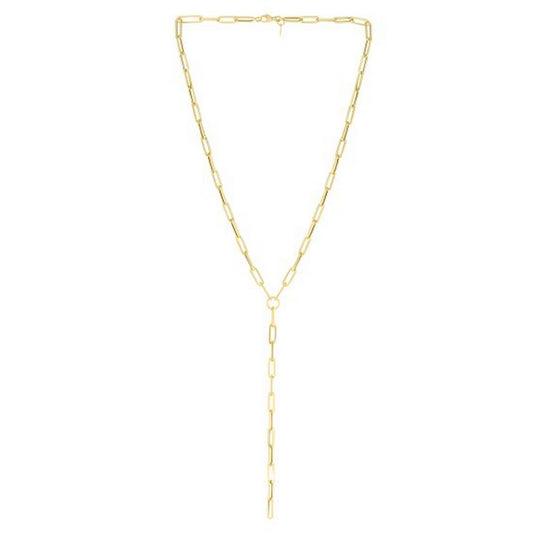 14k Yellow Gold Paperclip Chain Lariat Necklace