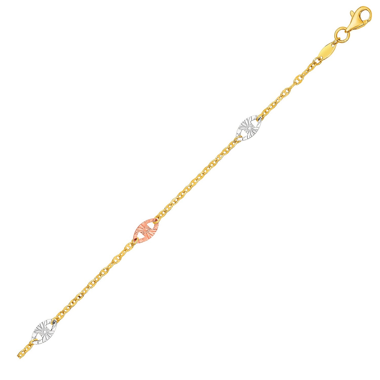 14k Three-Toned Yellow, White, and Rose Gold Anklet with Textured Ovals