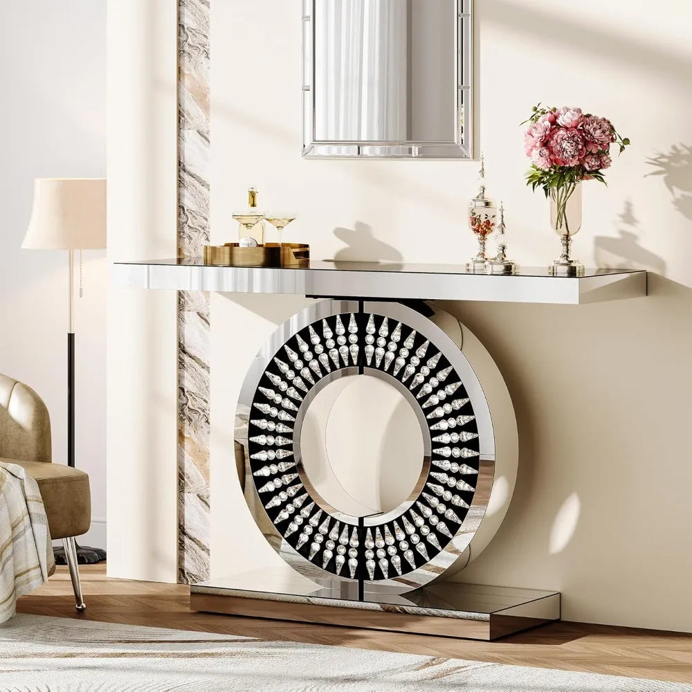 Mirror Console Table with Crystal-encrusted Base