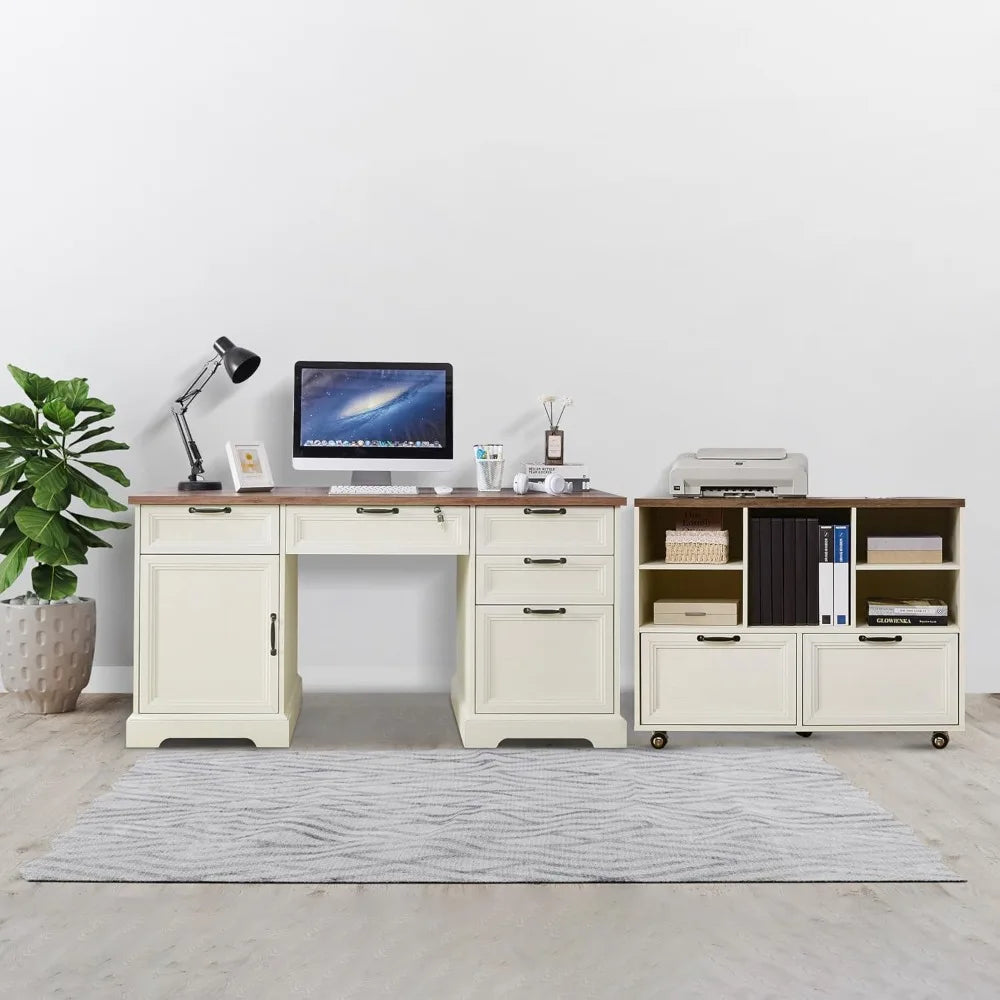 "60" L-Shaped Farmhouse Desk & 40" Mobile File Cabinet Set