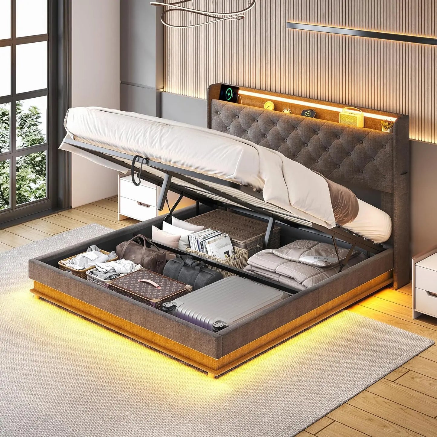 Led Lights Queen Lift Up Storage Bed Frame with Charging Station