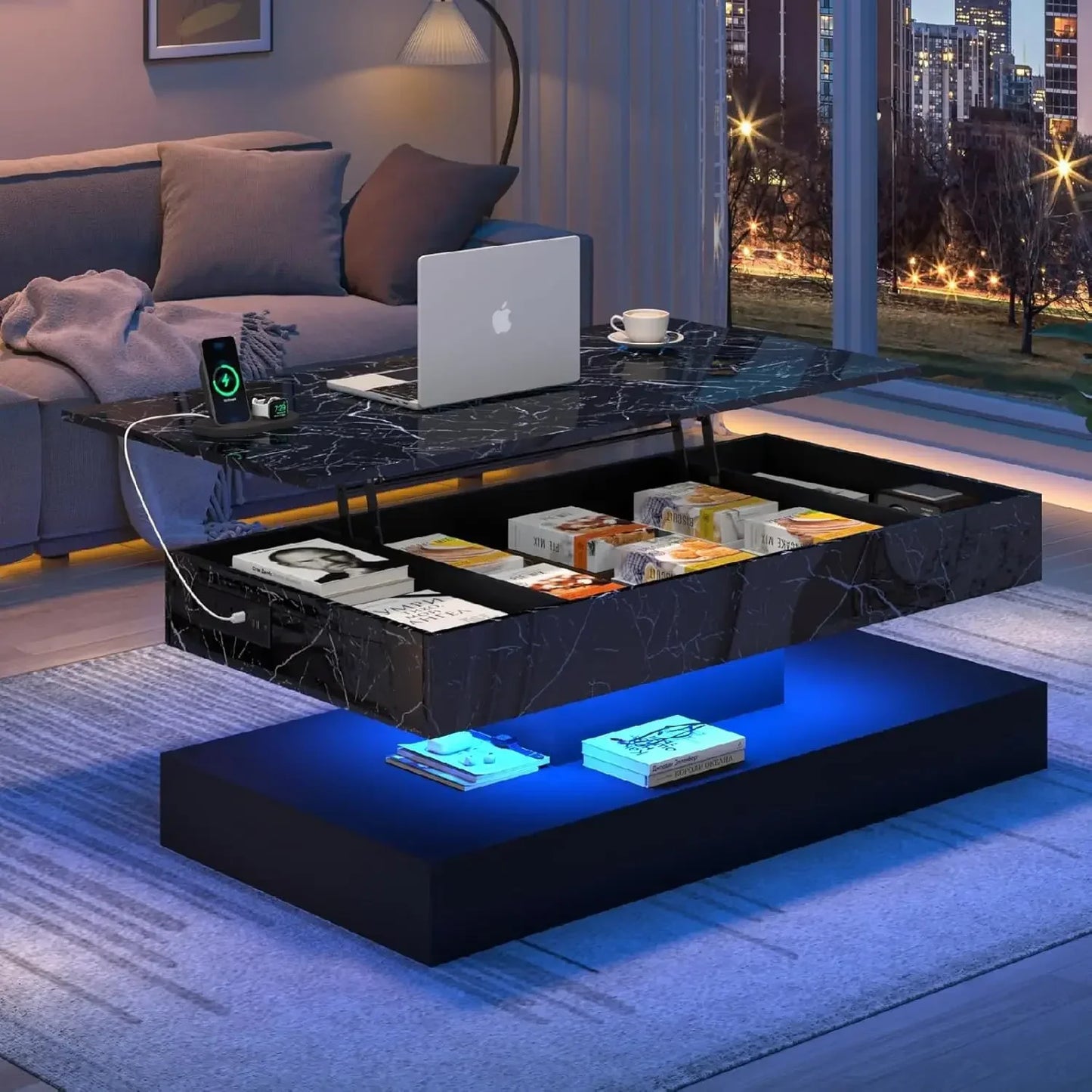 LED Lift Top Coffee Table W/ Charge Station