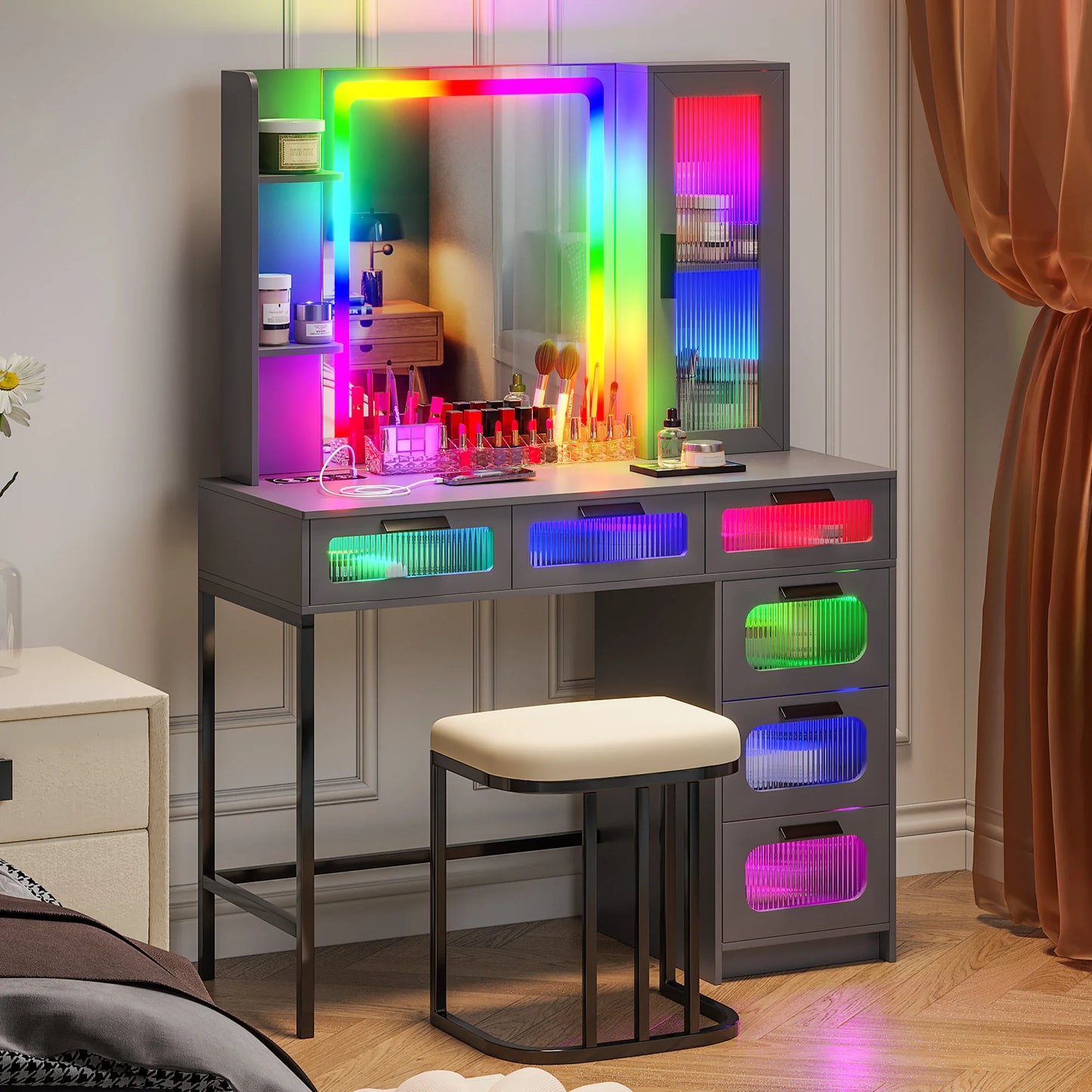 Vanity with RGB Lights and 6 Drawers