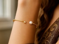 14k Yellow Gold Cuff Bangle with Pearl and Diamond (3.00 mm)