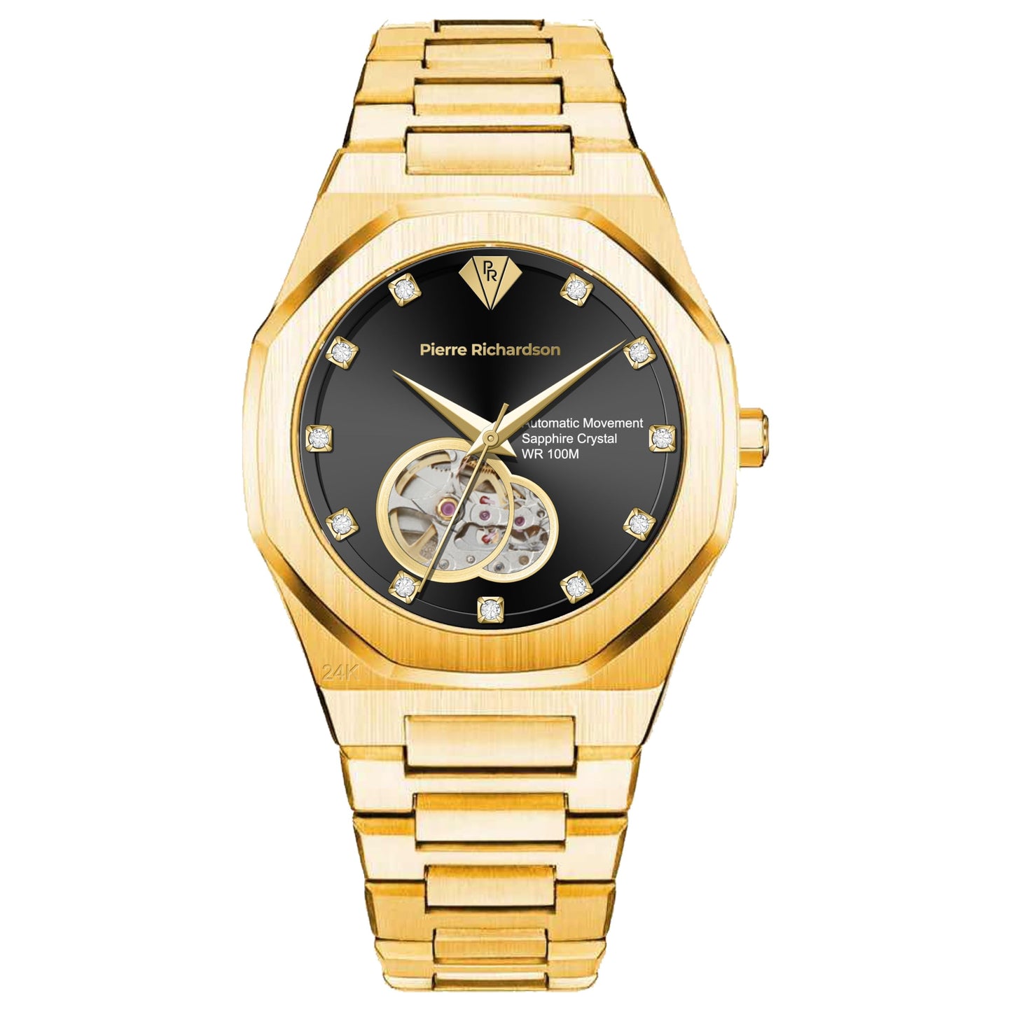 PIERRE RICHARDSON PR5922 Men’s Watch – Black Dial, 24K Pure Gold Plated, Automatic, Sapphire, 41mm, 10ATM
