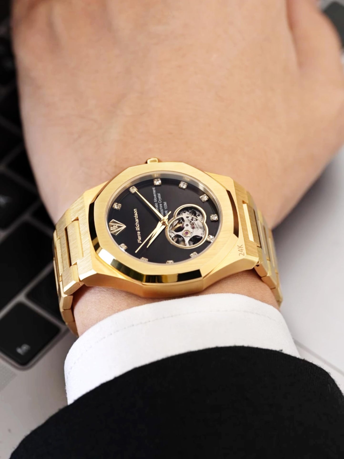PIERRE RICHARDSON PR5922 Men’s Watch – Black Dial, 24K Pure Gold Plated, Automatic, Sapphire, 41mm, 10ATM