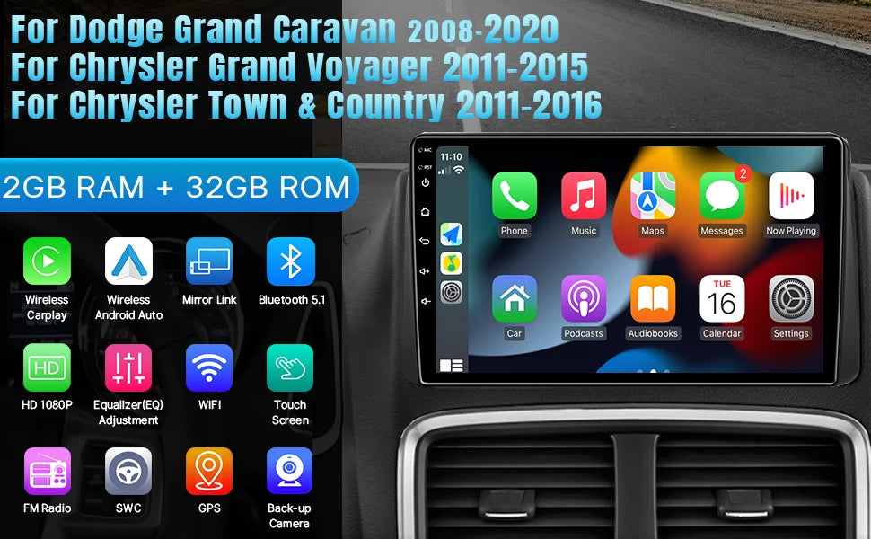 9" Touch Screen Wireless  Radio w/ Backup Camera for Dodge 2008-2020 Chrysler 2011-2016