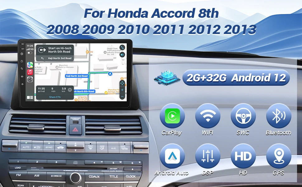 10.1 Inch Wireless CarPlay Android Auto Radio for Honda Accord 8th 2008-2013