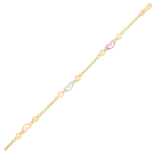 14k Tri Gold & Multi Color Heart Stations Anklet