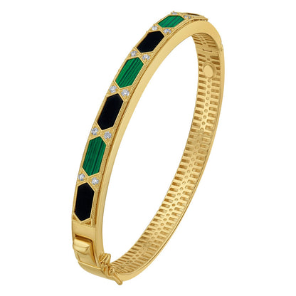 14K Yellow Gold Black And Green Art Deco Hexagon Bangle (6.00 mm)