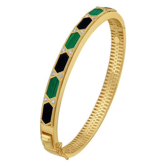 14K Yellow Gold Black And Green Art Deco Hexagon Bangle (6.00 mm)