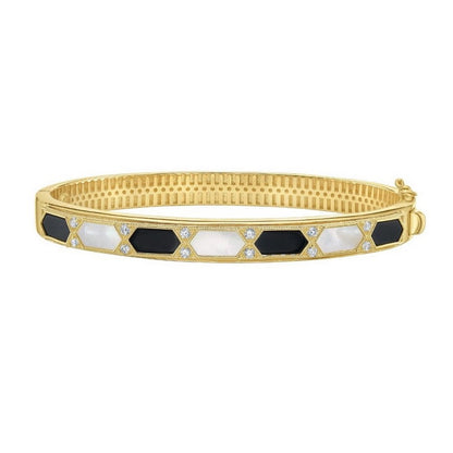 14K Yellow Gold Black And White Art Deco Hexagon Bangle
