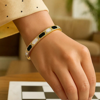 14K Yellow Gold Black And White Art Deco Hexagon Bangle