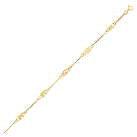 14k Gold Anklet Diamond Shape Filigree Stations