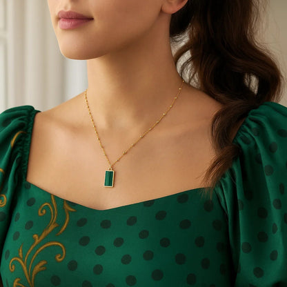 Malachite Geometric Rectangle Necklace in 14K Yellow Gold