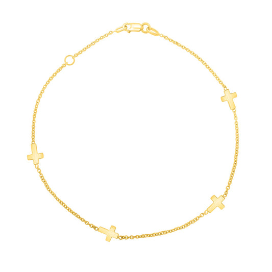 10k Polished Gold Cross station Anklet 1.00mm