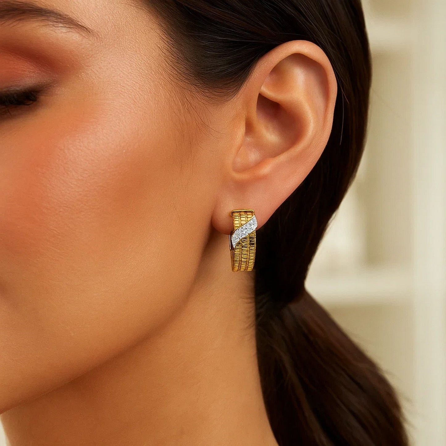 14K Yellow Gold Triple Row Diamond Omega Hoop Earrings