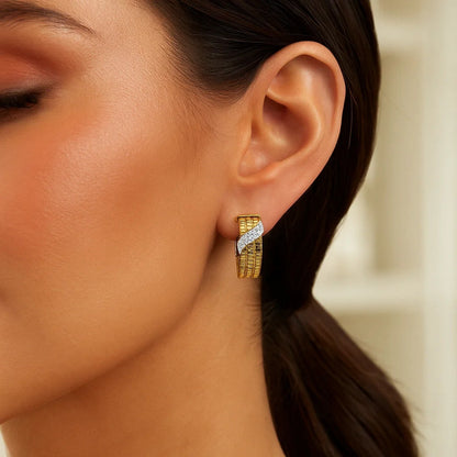 14K Yellow Gold Triple Row Diamond Omega Hoop Earrings