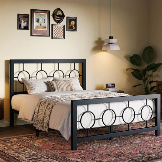 Vintage Circular Design Bed Frame with Headboard and Footboard