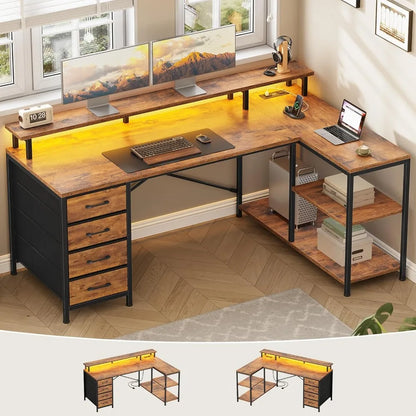 LED L Shaped Desk with 4 Drawers and Storage Shelves