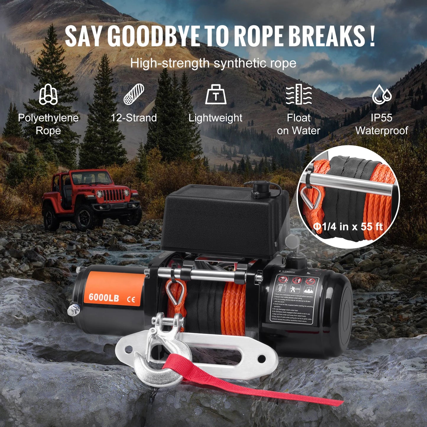 Vevor 6000lbs Electric Winch Winch with 1/4 in 55 ft Synthetic Rope