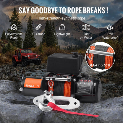 Vevor 6000lbs Electric Winch Winch with 1/4 in 55 ft Synthetic Rope