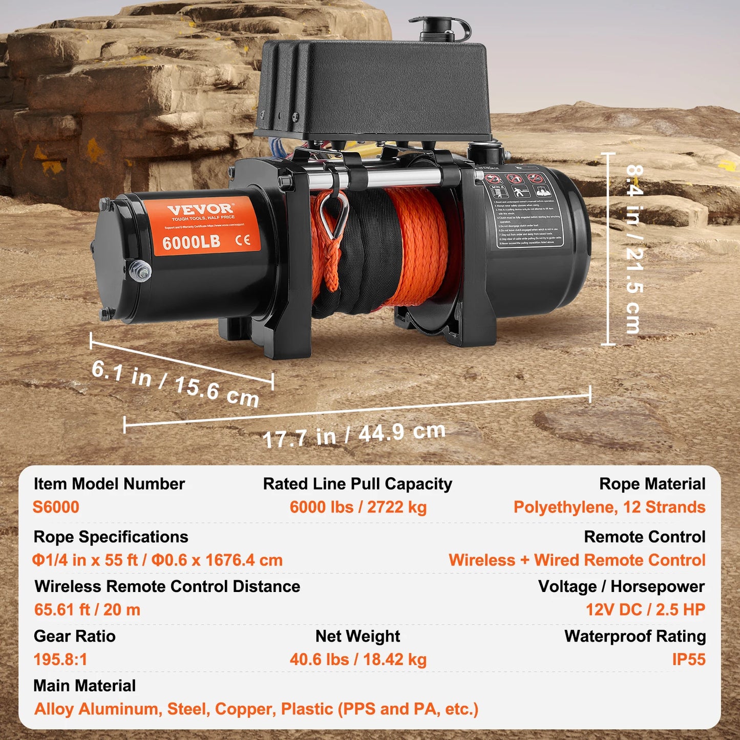 Vevor 6000lbs Electric Winch Winch with 1/4 in 55 ft Synthetic Rope