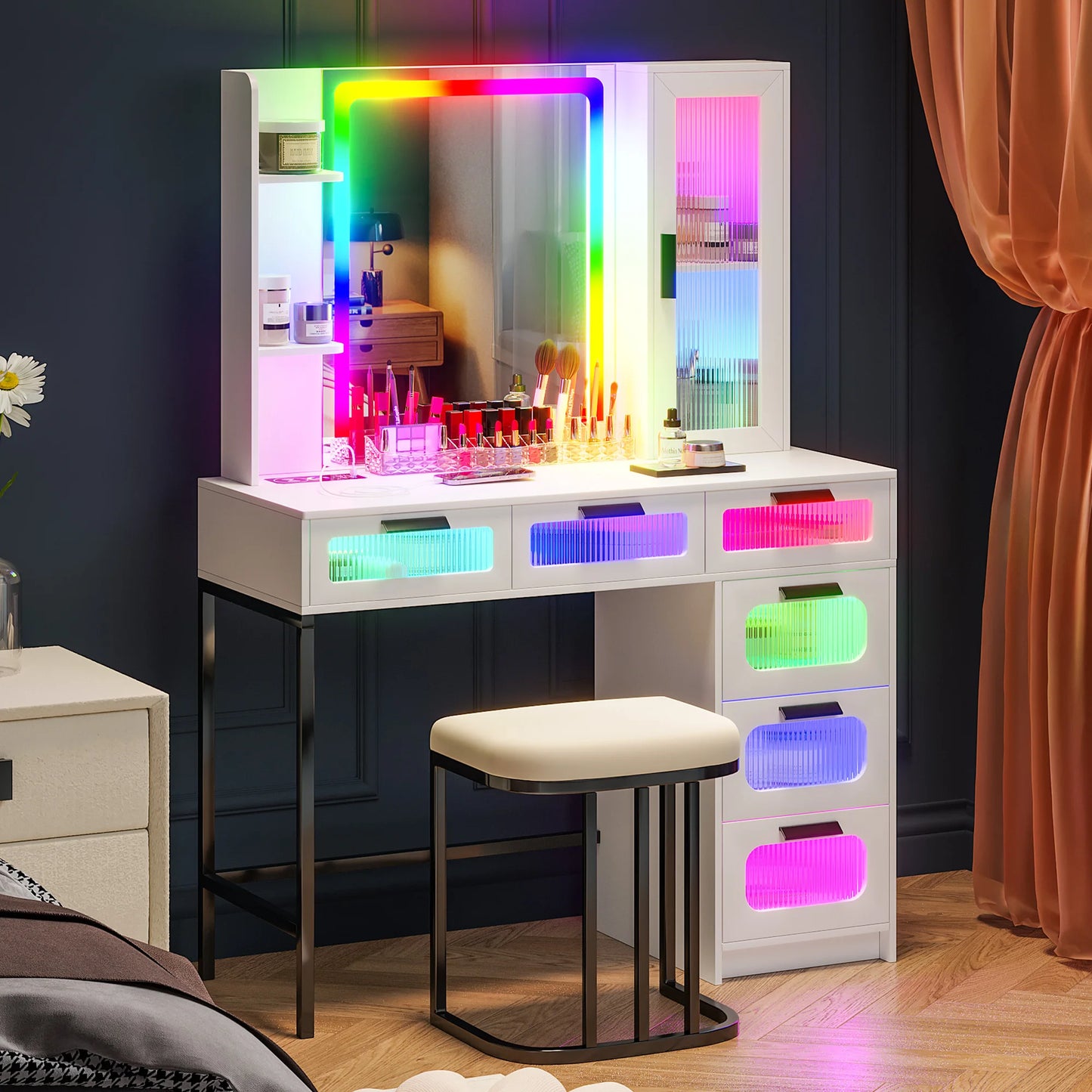 Vanity with RGB Lights and 6 Drawers