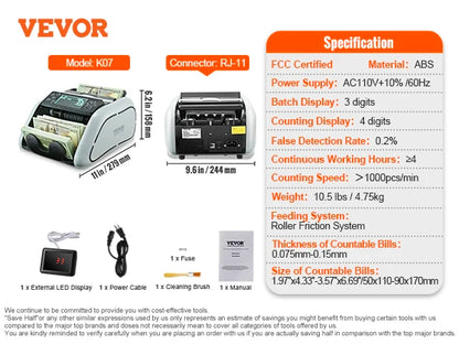 1000 Pcs/Min Money Counter Counterfeit Bill Detector by UV/MG/IR/DD Function