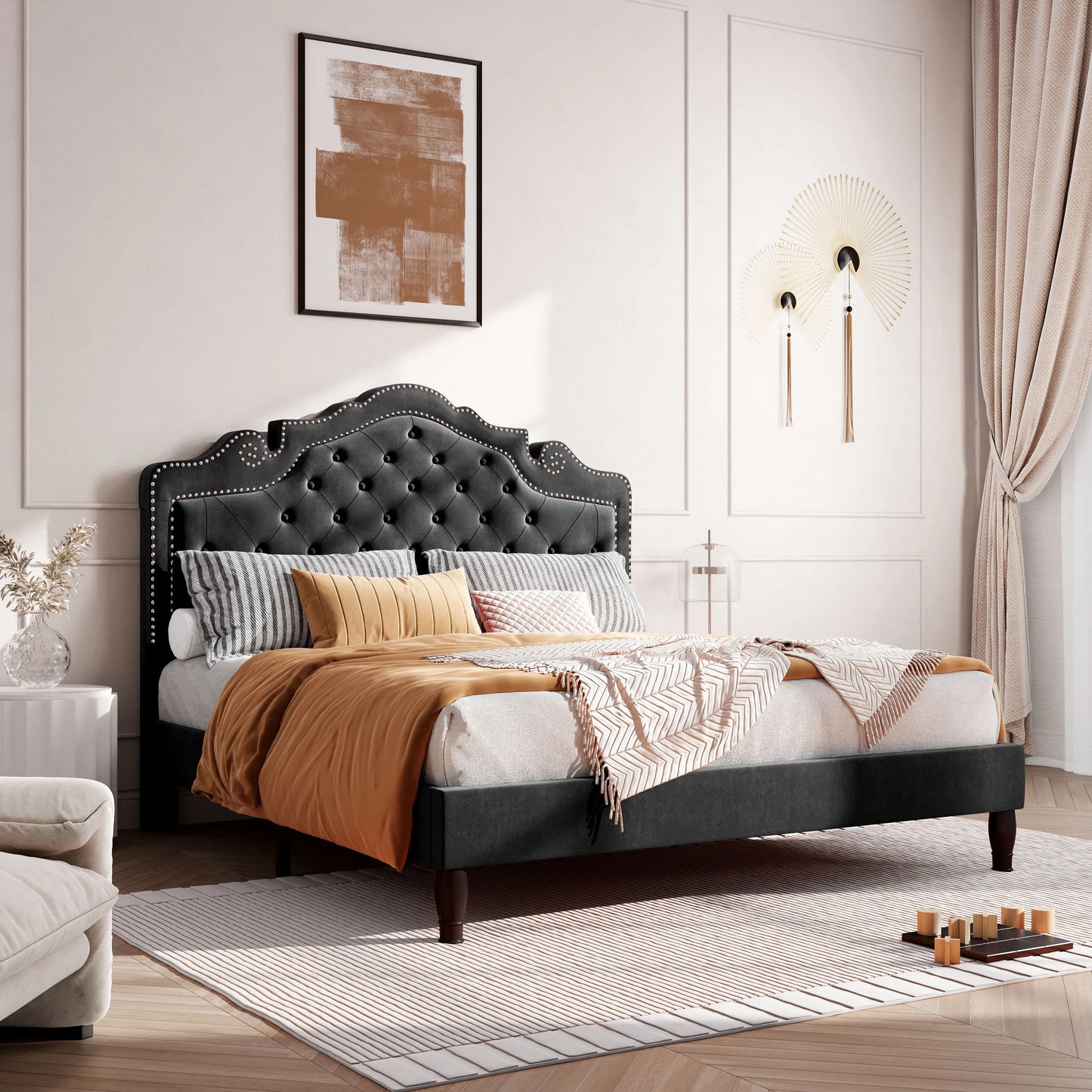 Queen Adjustable Velvet Headboard & Bed Frame