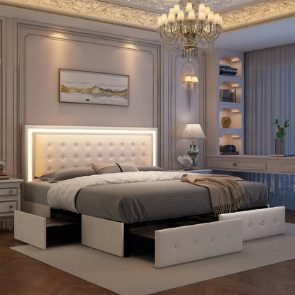 Velvet Full XL LED Bed Frame W/ 4 Storage Drawers