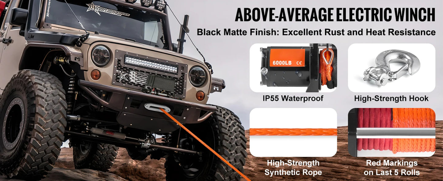 Vevor 6000lbs Electric Winch Winch with 1/4 in 55 ft Synthetic Rope