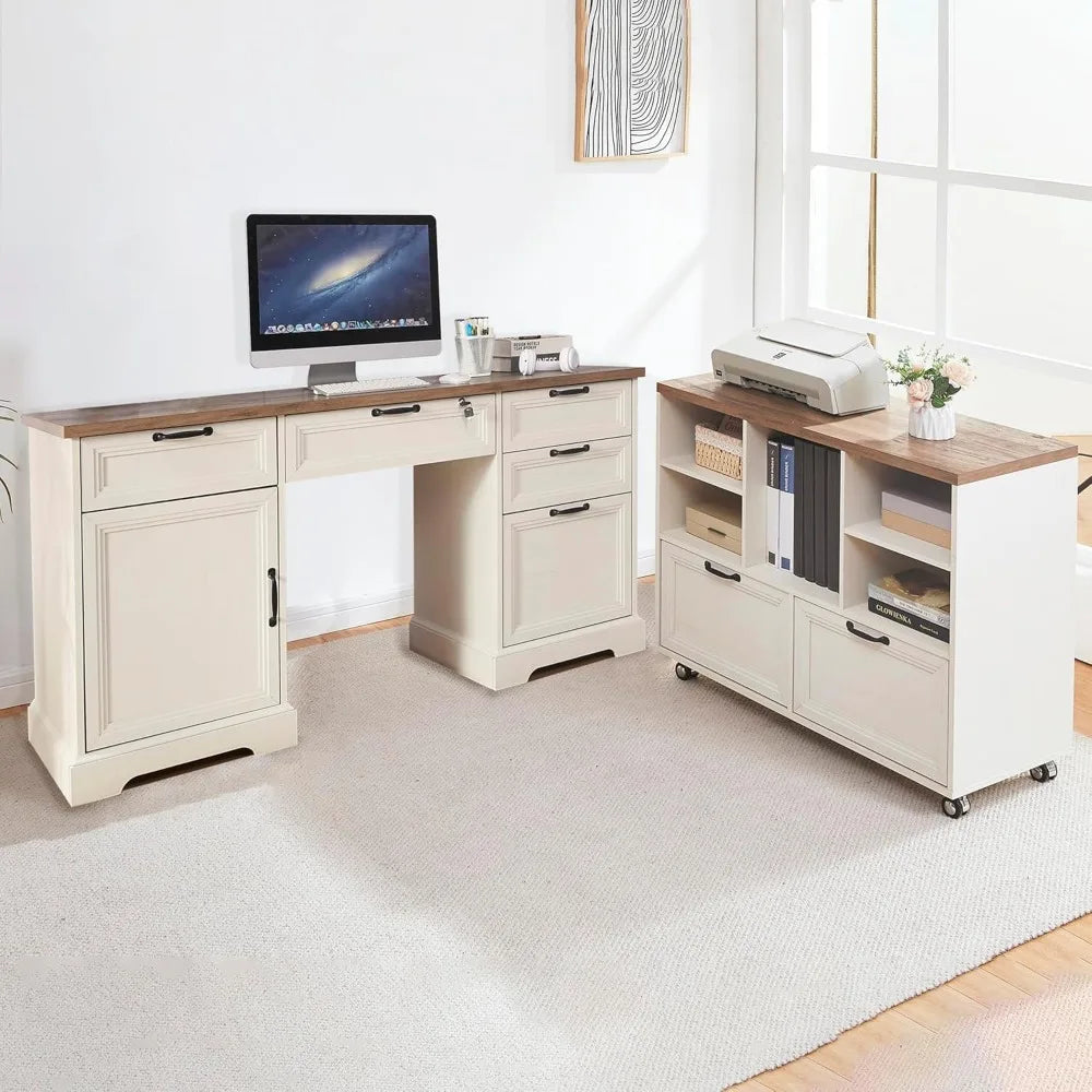 "60" L-Shaped Farmhouse Desk & 40" Mobile File Cabinet Set