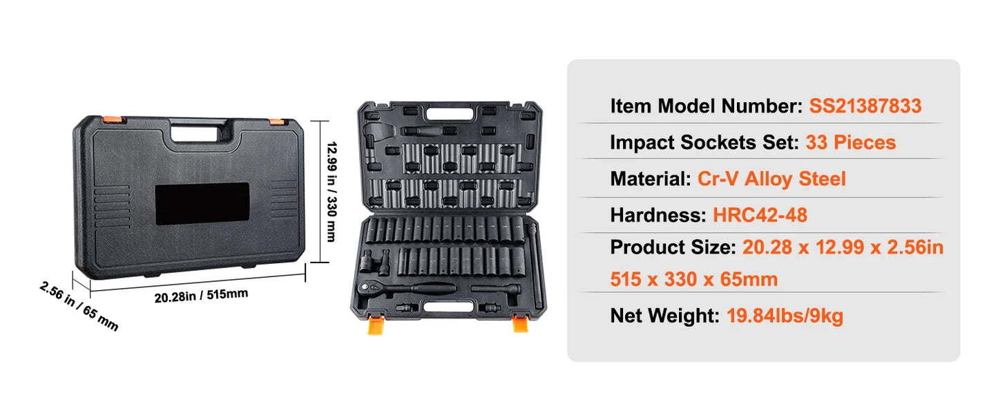 1/2" 3/8" Drive Impact Socket Set 23/33/34/48/65 PCs