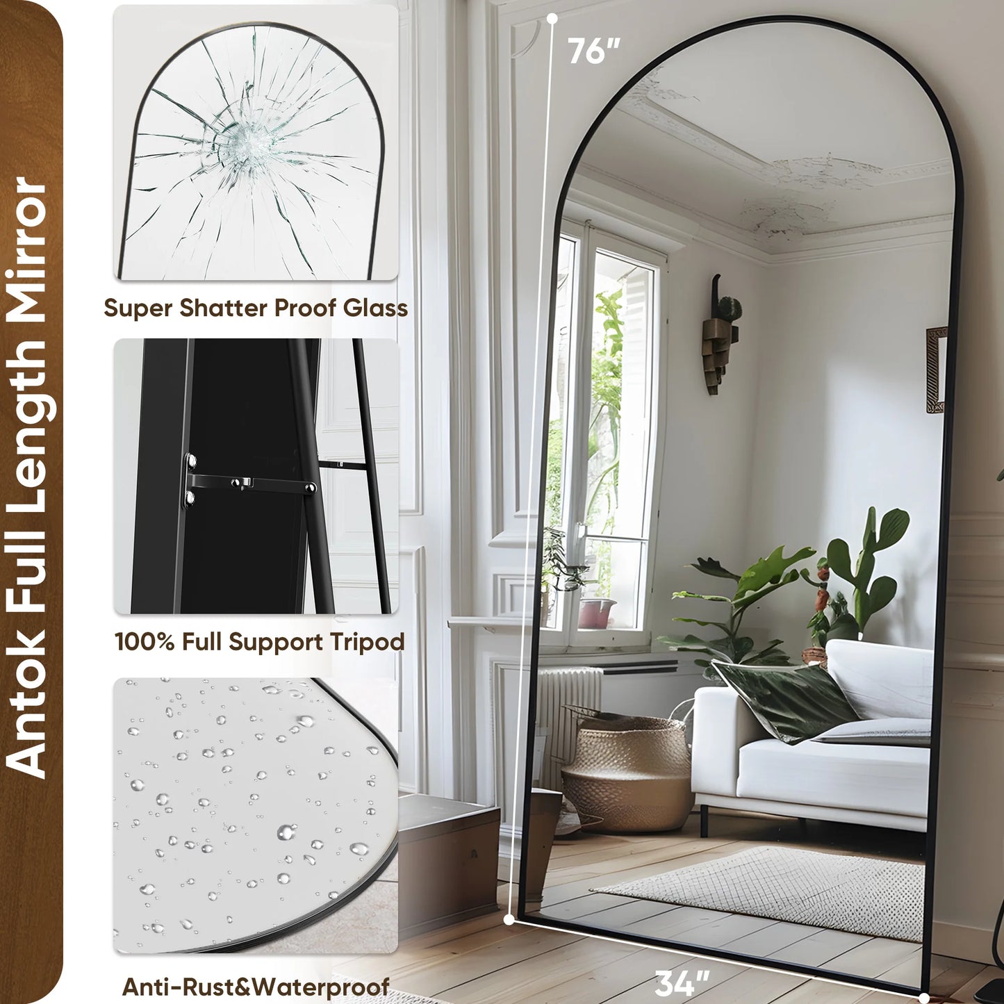 76"x34" Arch Floor Mirror