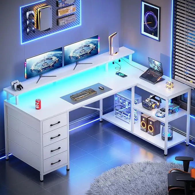 LED L Shaped Desk with 4 Drawers and Storage Shelves