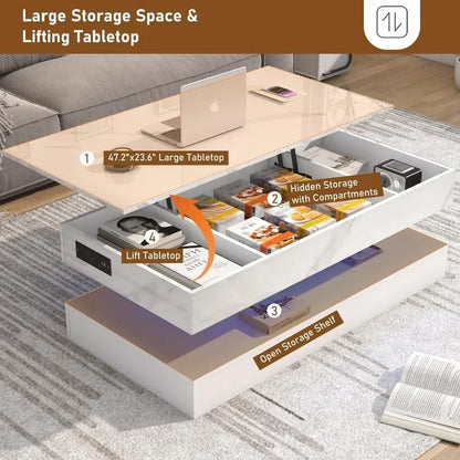 LED Lift Top Coffee Table W/ Charge Station