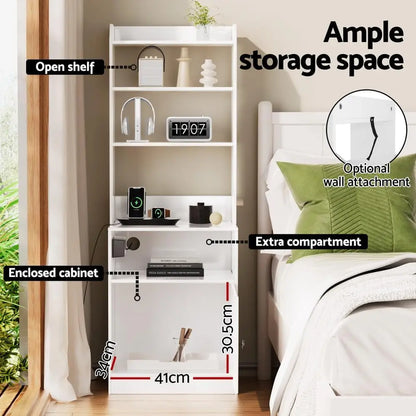 Bedside Nightstand Bookshelf W/ Charging Station