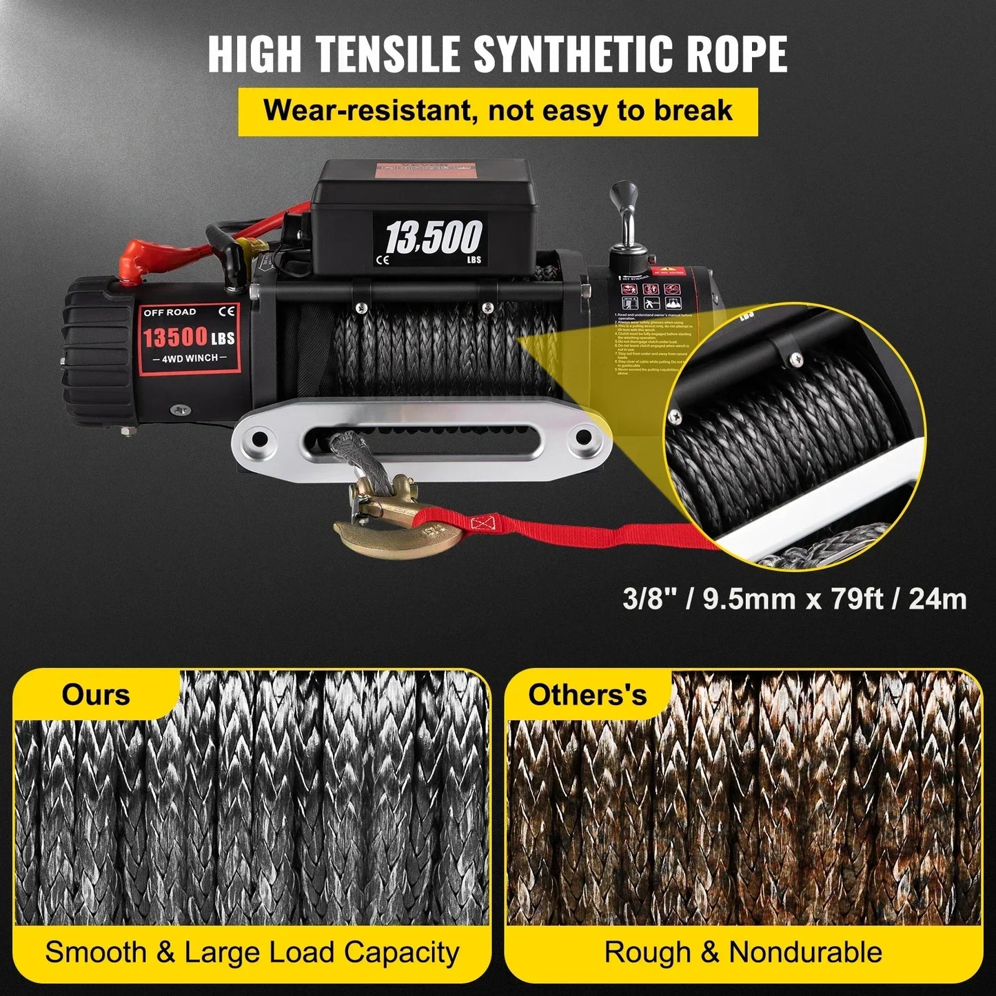 VEVOR 12V 13500 LBS Electric Winch 27M/92FT Synthetic Tow Rope Lifting Treuils Hoist for 4X4 Car Trailer ATV Truck Off Road Boat