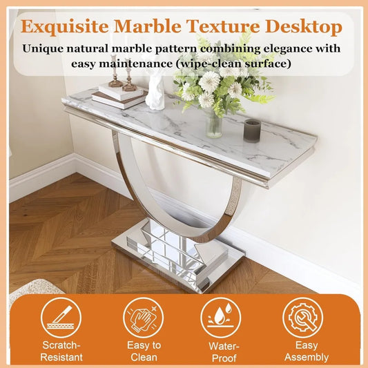 U Shaped Marble Top and Silver Stainless Steel Frame