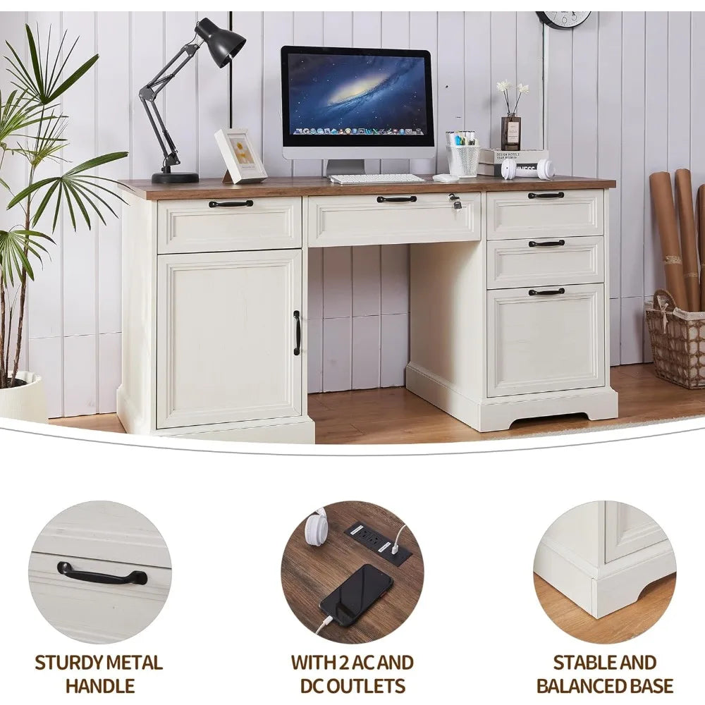 "60" L-Shaped Farmhouse Desk & 40" Mobile File Cabinet Set