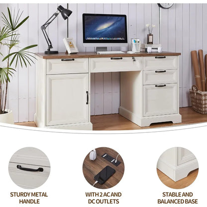 "60" L-Shaped Farmhouse Desk & 40" Mobile File Cabinet Set