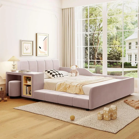 Velvet Upholstered Grounded Platform Bed