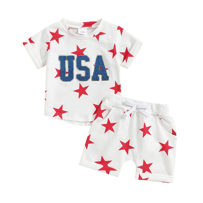 2Pc Red White & Blue Stars USA Outfit 6M-5T