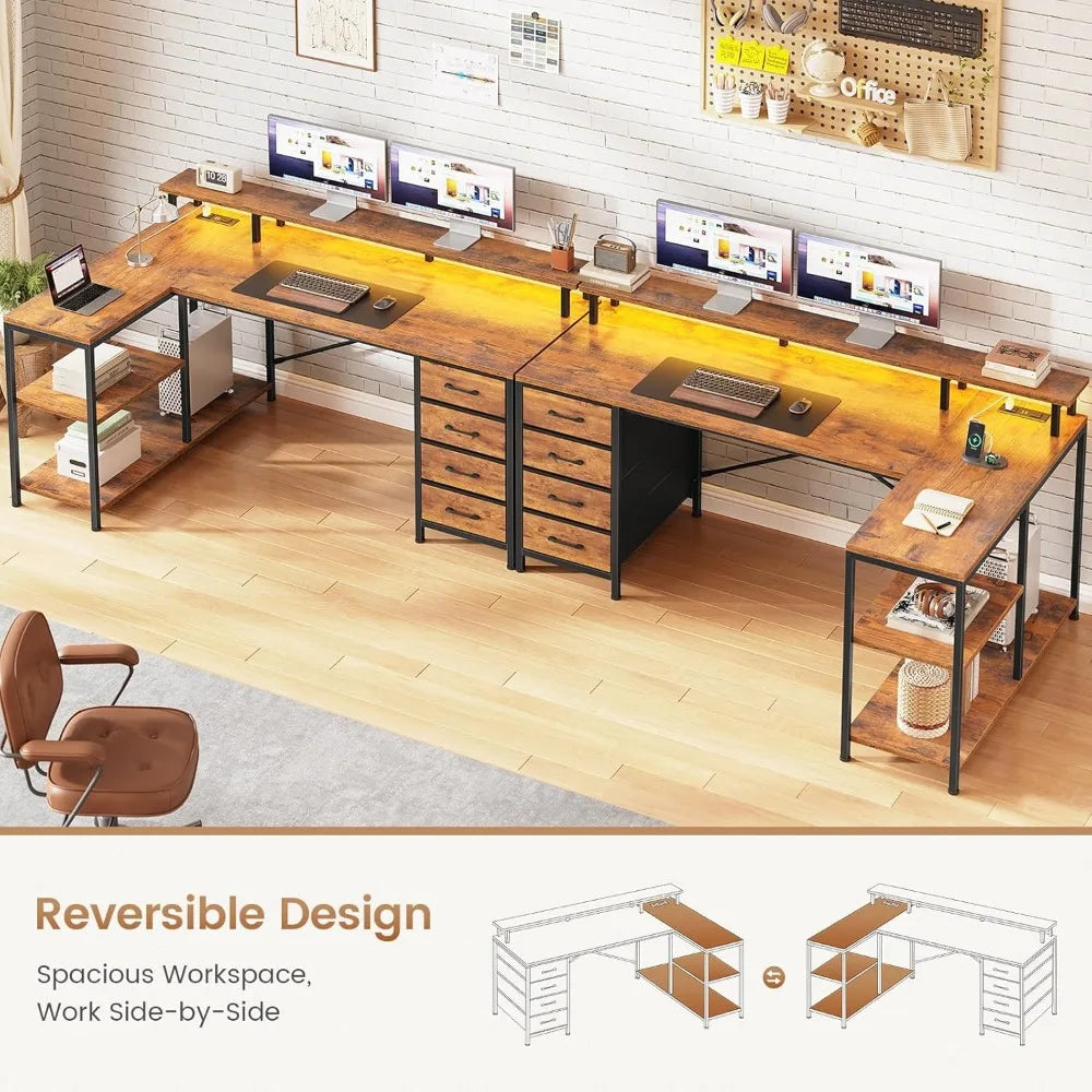 LED L Shaped Desk with 4 Drawers and Storage Shelves