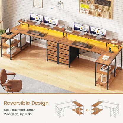 LED L Shaped Desk with 4 Drawers and Storage Shelves