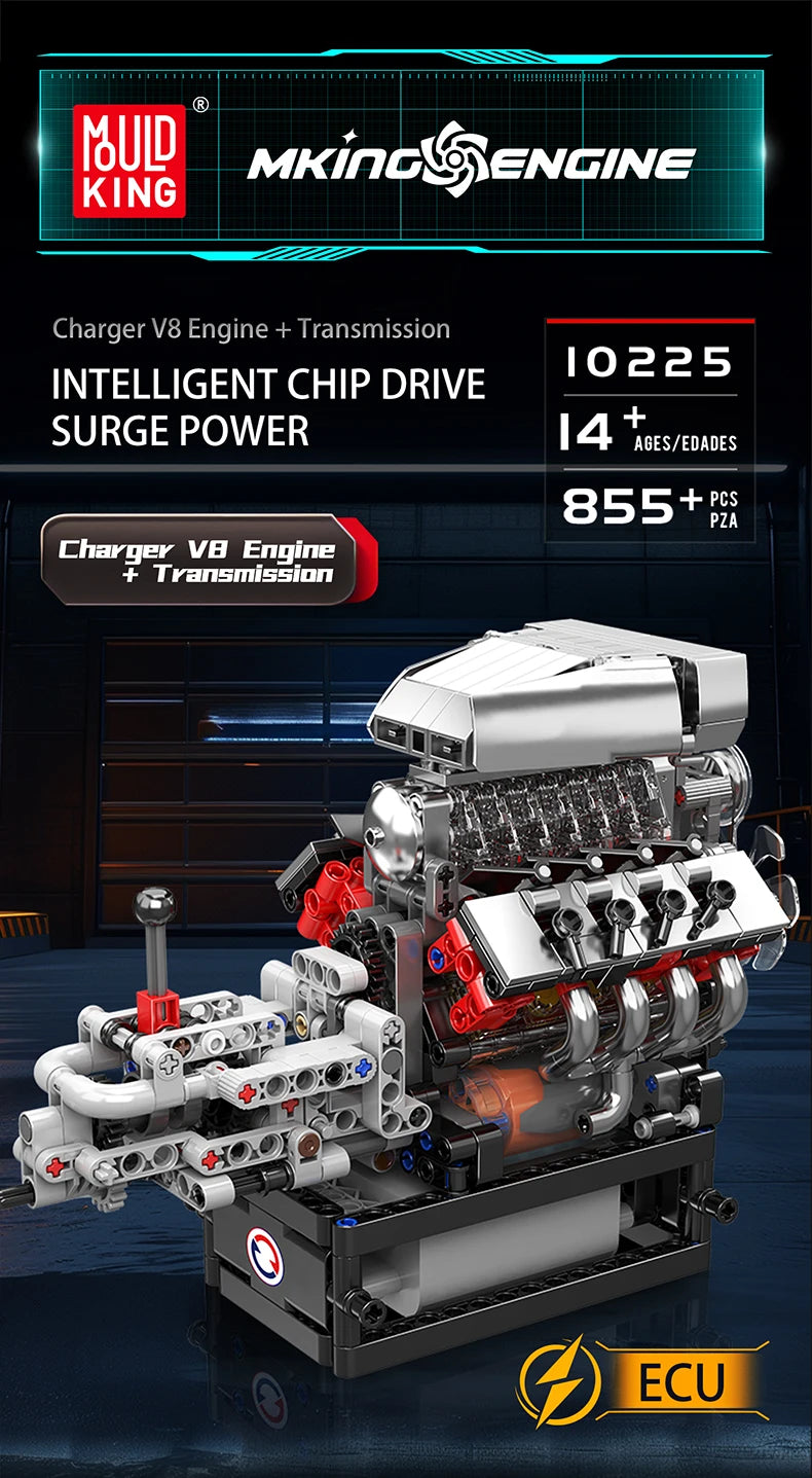 Mould King 10225 Motorized V8 Car Engine Building Block Assembly