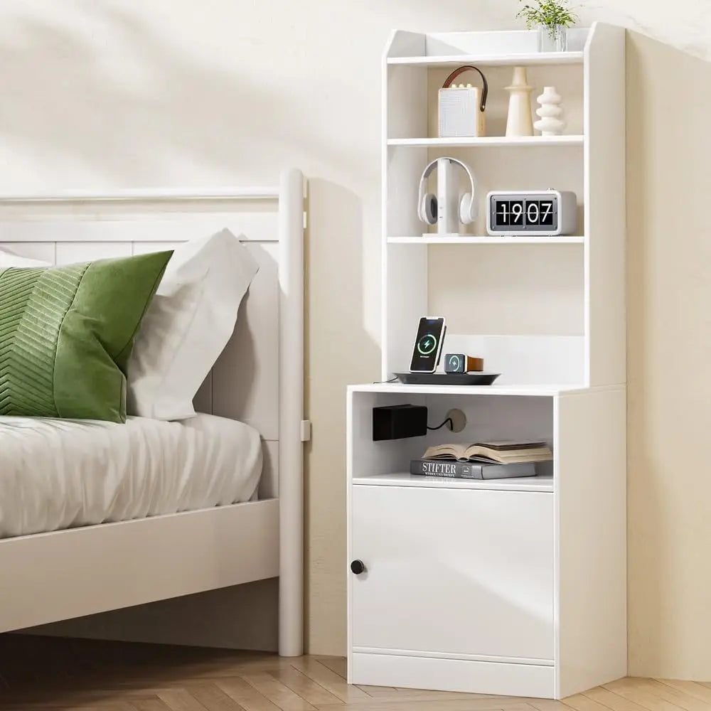 Bedside Nightstand Bookshelf W/ Charging Station