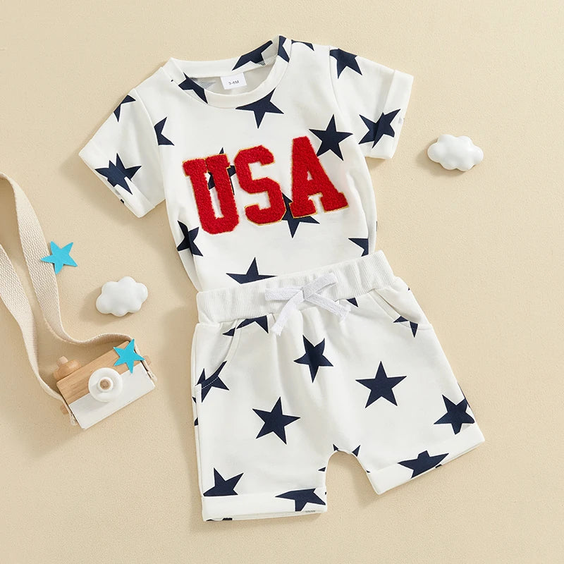 2Pc Red White & Blue Stars USA Outfit 6M-5T