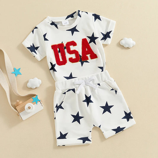 2Pc Red White & Blue Stars USA Outfit 6M-5T